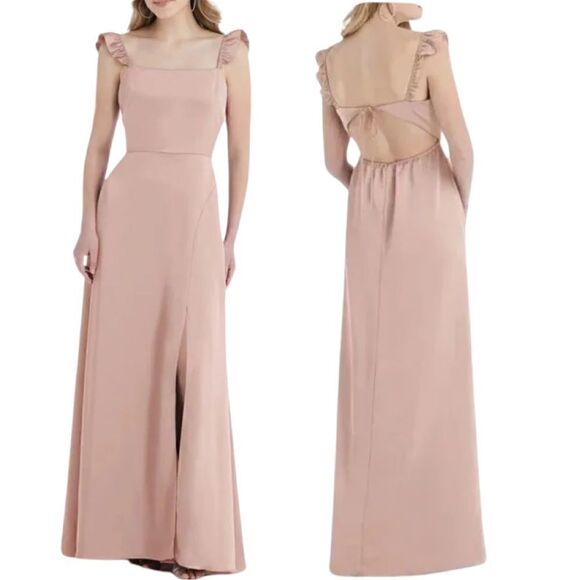 NWTs Dessy Collectiom SOCIAL Ruffle Sleeve Tie Back Satin Gown Size 2 - Picture 4 of 9